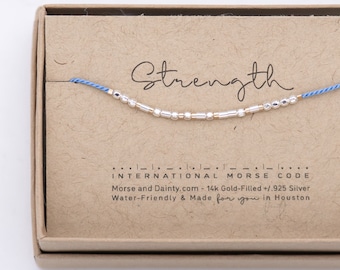 Pulsera de plata facetada + oro Fuerza de ortografía o cualquier palabra en código morse. En una cuerda azul o cualquier color en cartulina + caja Lista para regalar