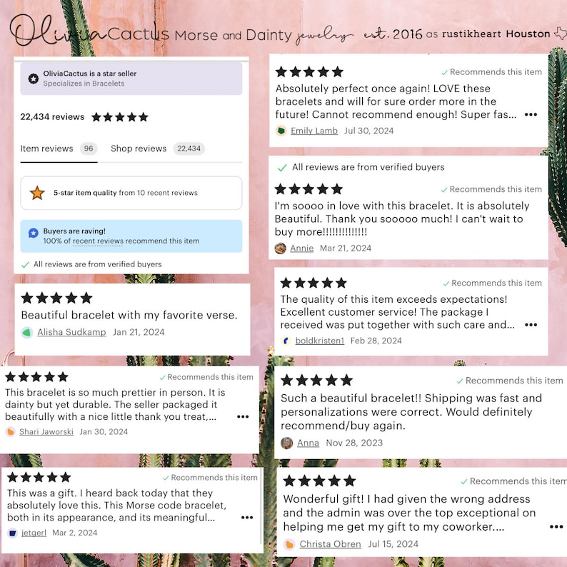 May include: Five star reviews for a handmade bracelet with a Morse code design. The reviews highlight the quality, beauty, and personalized service of the seller. The reviews are from verified buyers and include comments about the bracelet's appearance, meaning, and shipping speed.