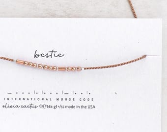 Rose Gold Morse Code Bracelet: Silver Tiny Hoop Spacers. Bestie or Custom Word.