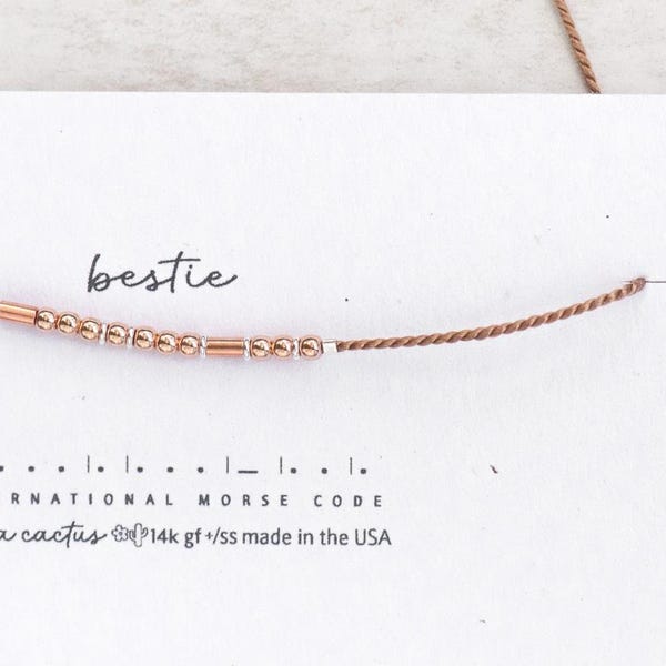 Rose Gold Morse Code Bracelet: Silver Tiny Hoop Spacers. Bestie or Custom Word.