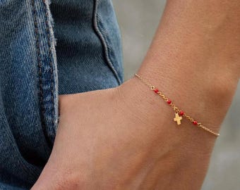 Dainty Gold Cross Bracelet on Chain with Red Accents