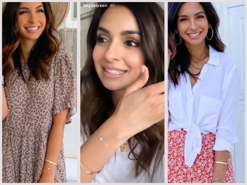 May include: A collection of jewelry including thin gold bracelets, a delicate chain bracelet with a single small stone, and a gold pendant necklace featuring the letter N. The accessories are shown alongside various outfits including a leopard print dress.
