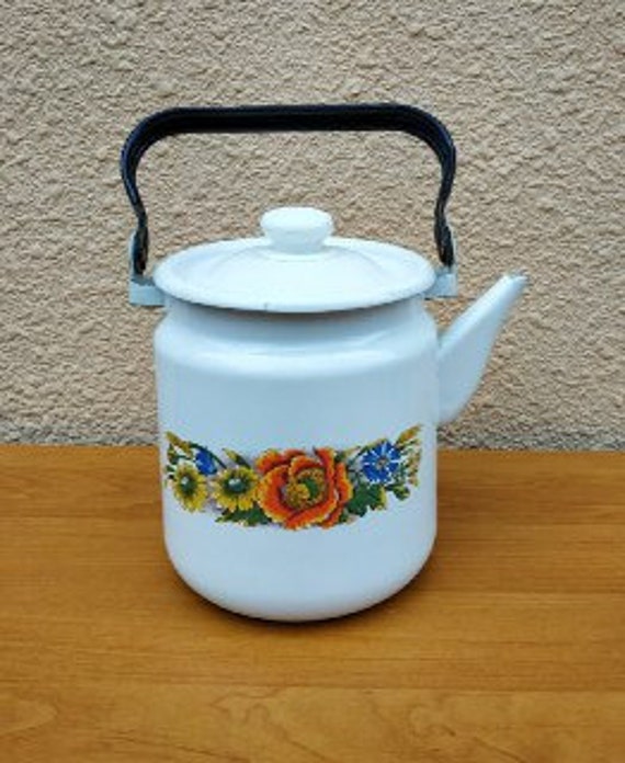 Vintage Kettle Enamel Collectible Metal Teapot Rustic Etsy