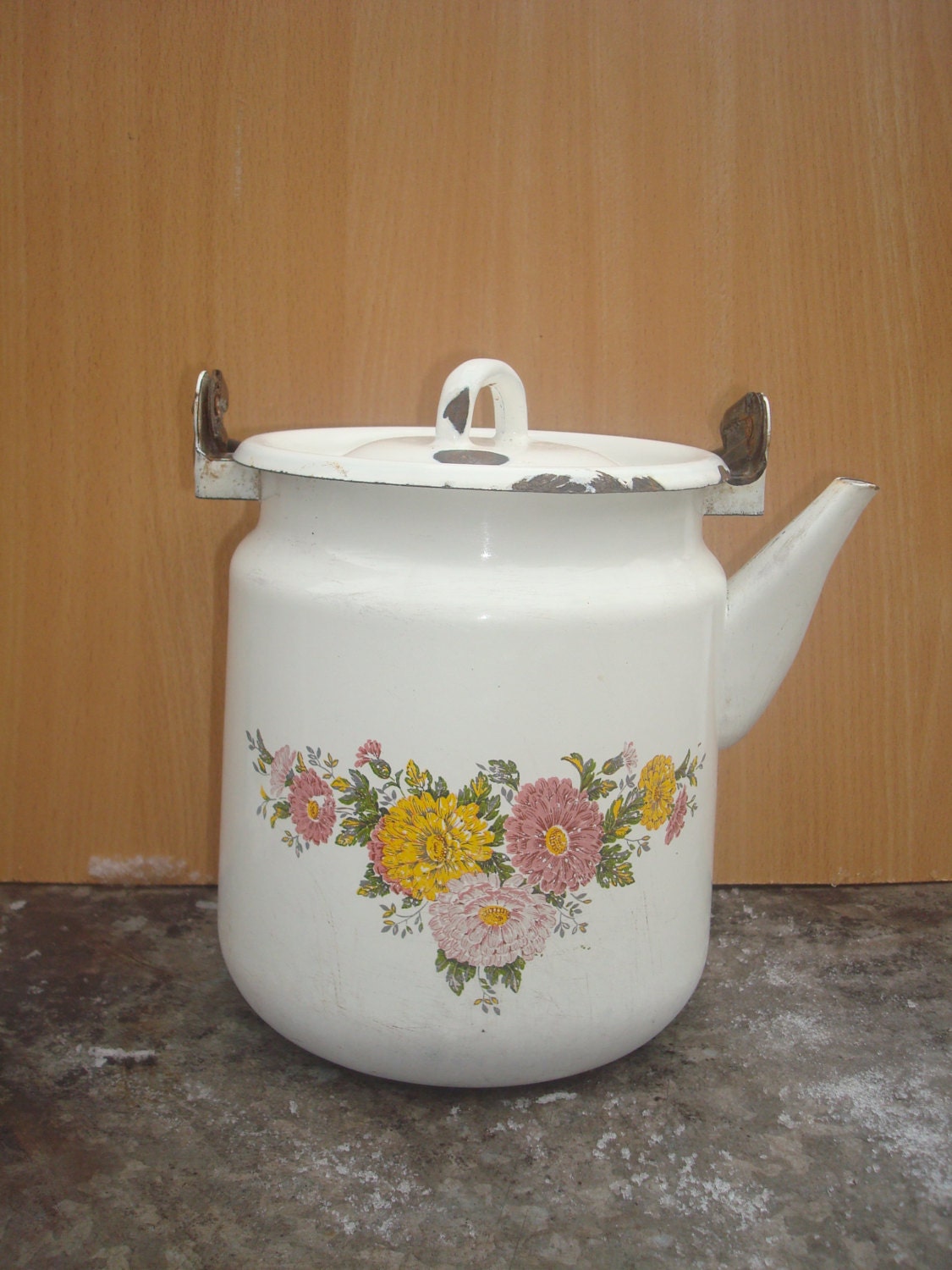 Vintage Kettle Enamel Collectible White Metal Teapot Rustic Etsy