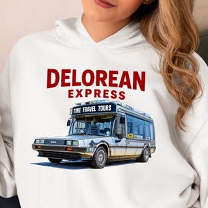 デロリアン・エクスプレス タイムトラベルツアー パーカー、バック・トゥ・ザ・フューチャー 88 MPH おもしろ80年代SFパロディ クルーネック、バック・トゥ・ザ・フューチャー スウェットシャツ