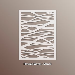 May include: White stencil with a flowing wave pattern. The stencil is rectangular and has a white background. The text "Flowing Waves - Stencil" is printed below the stencil.
