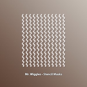 May include: White stencil mask with a repeating wavy line pattern.  Mr. Wiggles - Stencil Masks.