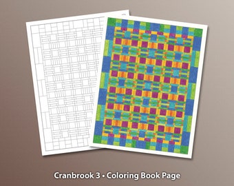 Könnte beinhalten: Eine Malvorlage mit einem geometrischen Muster. Das Muster besteht aus Quadraten und Rechtecken in verschiedenen Farben, darunter Blau, Grün, Gelb, Orange und Lila. Die Seite trägt den Titel "Cranbrook 3 - Malvorlage".