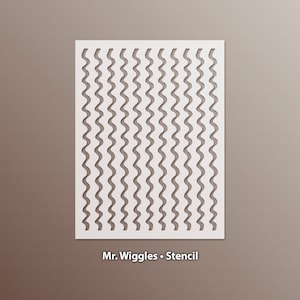 May include: White stencil with a repeating wavy line pattern. The stencil is labeled "Mr. Wiggles - Stencil".