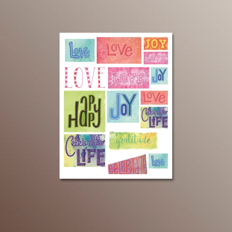 May include: A colourful collage of words, including "Love", "Joy", "Happy", "Celebrate Life", and "Gratitude". The words are arranged in a grid pattern and are written in a variety of fonts and colours.