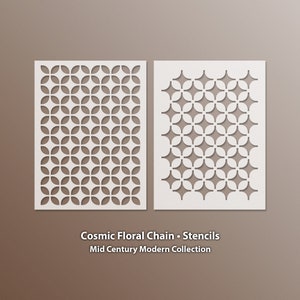 May include: Two white geometric stencils with a repeating pattern of circles and ovals. The stencils are labeled "Cosmic Floral Chain - Stencils" and "Mid Century Modern Collection".