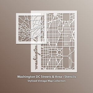 Pochoirs de carte des rues et de la région de Washington DC, collection de cartes stylisées vintage