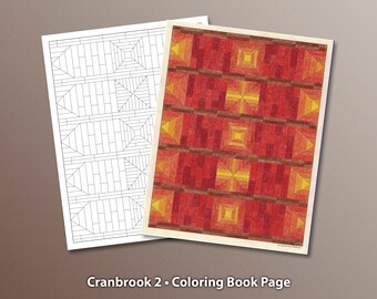 Könnte beinhalten: Eine Malvorlage mit einem geometrischen Muster. Das Muster besteht aus Quadraten und Rechtecken in Rot-, Orange- und Gelbtönen. Die Seite trägt den Titel "Cranbrook 2 - Malvorlage".