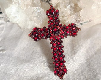 Antique Bohemian Garnet Gothic Cross Pendant 1880s Authentic Rose Cut Garnets