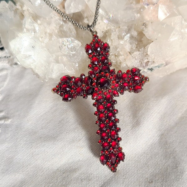 Antique Bohemian Garnet Gothic Cross Pendant 1880s Authentic Rose Cut Garnets