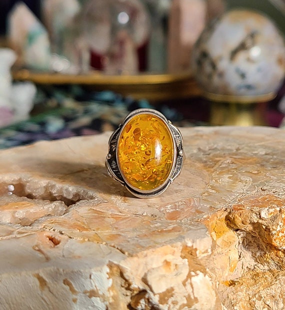 Vintage honey amber ring art nouveau sterling sil… - image 9