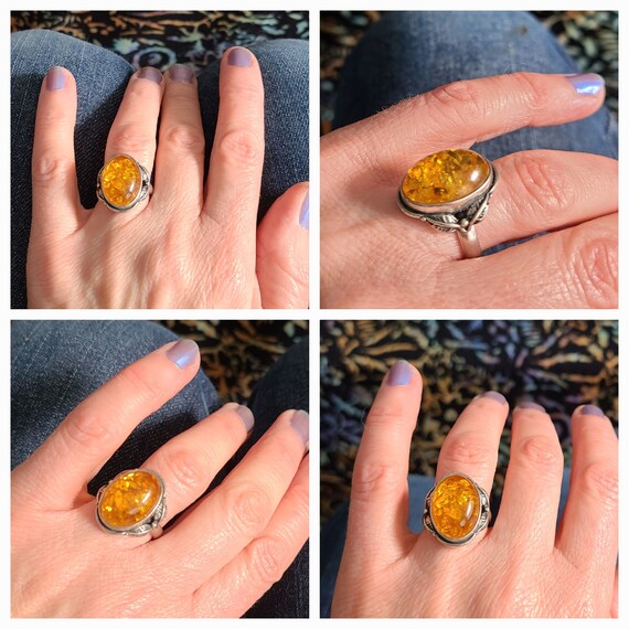 Vintage honey amber ring art nouveau sterling sil… - image 6
