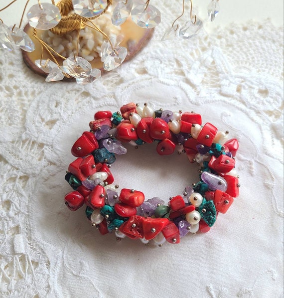 Vintage Cha Cha bracelet Coral Turquoise Pearl Am… - image 7