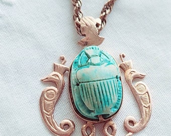 Antique 14K gold Egyptian Revival scarab pendant Goddess Isis Serpents