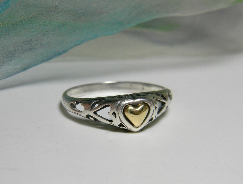 14K Gold Sterling Silver Heart Ring Artisan Silver and Gold Ring 14K Two Tone Heart Ring Sterling Silver 14K