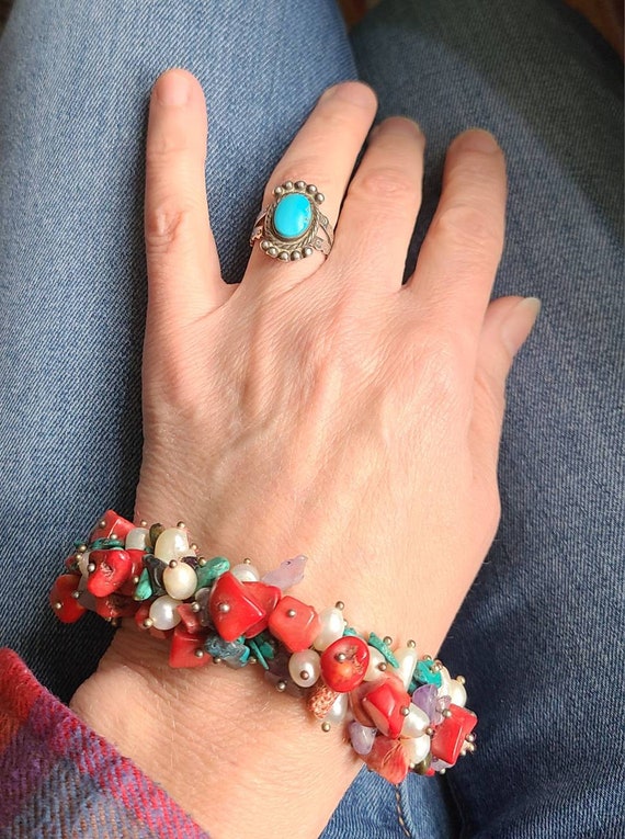 Vintage Cha Cha bracelet Coral Turquoise Pearl Am… - image 4