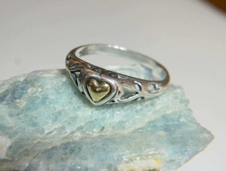 14K Gold Sterling Silver Heart Ring Artisan Silver and Gold Ring 14K Two Tone Heart Ring Sterling Silver 14K