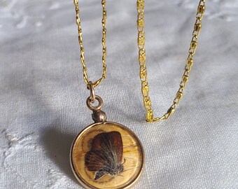 Antique Butterfly Wings Double-sided Gold Filled Pendant Necklace FOB