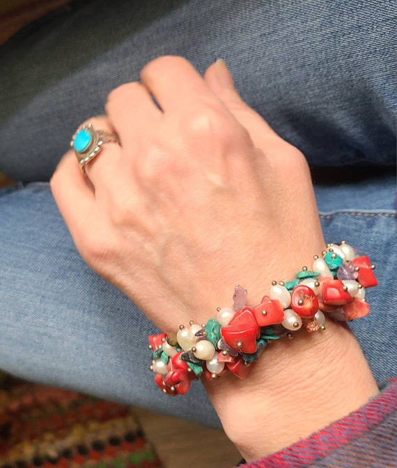 Vintage Cha Cha bracelet Coral Turquoise Pearl Am… - image 5