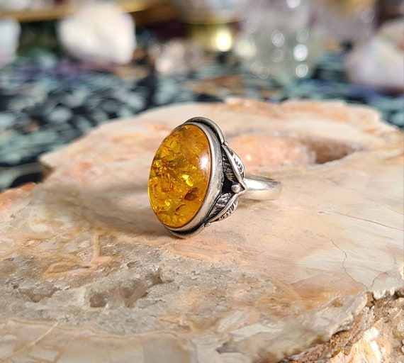 Vintage honey amber ring art nouveau sterling sil… - image 3