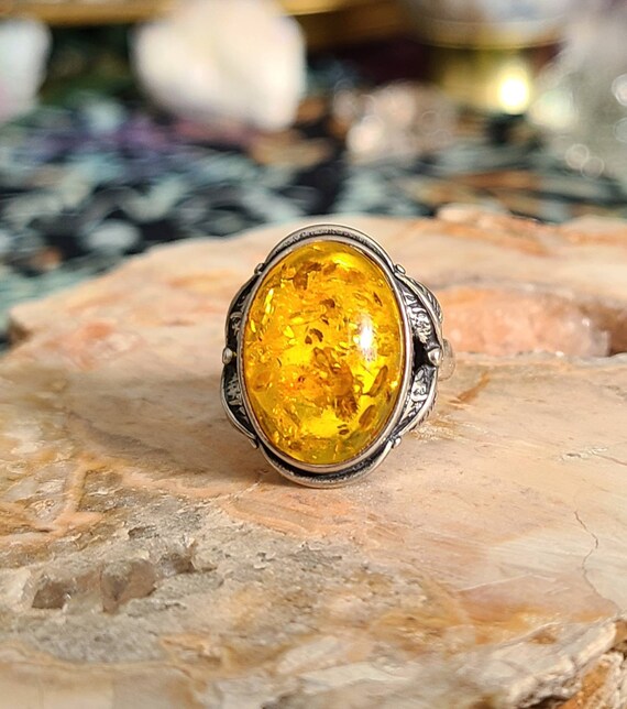 Vintage honey amber ring art nouveau sterling sil… - image 2