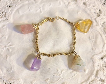 Vintage Gemstone Link-style Bracelet Citrine Amethyst 12K Gold Filled