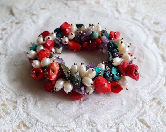 Vintage Cha Cha bracelet Coral Turquoise Pearl Am… - image 2