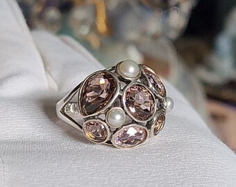 Pink Peach Tourmaline Pearl Cluster Ring Sterling Silver