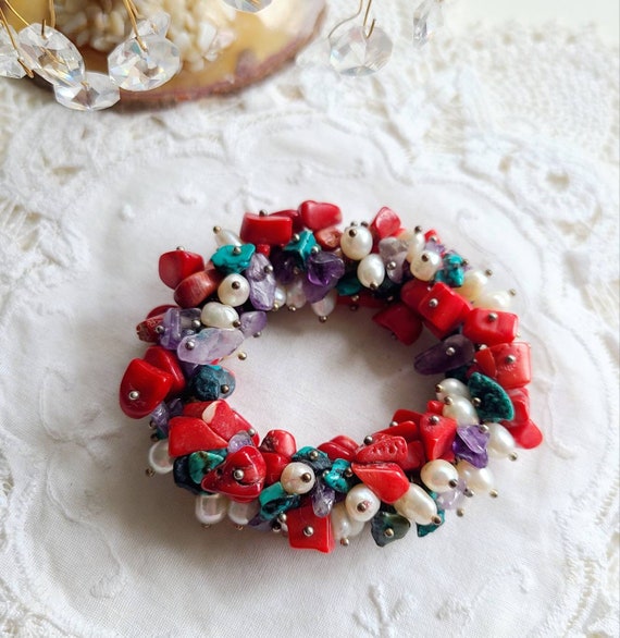Vintage Cha Cha bracelet Coral Turquoise Pearl Am… - image 1