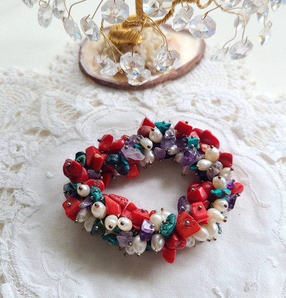 Vintage Cha Cha bracelet Coral Turquoise Pearl Am… - image 3