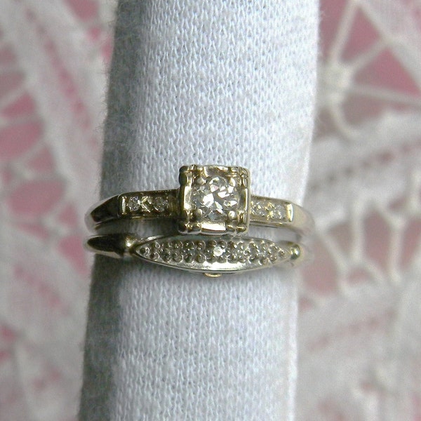 Vintage European Diamond Engagement Ring Wedding Ring Set 14K White Gold Art Deco