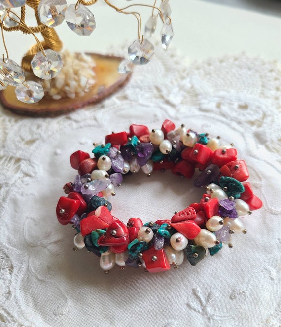 Vintage Cha Cha bracelet Coral Turquoise Pearl Am… - image 9