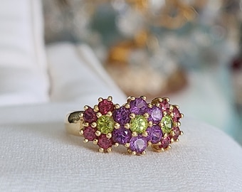 Vintage Amethyst Tourmaline Peridot Flower Ring 14K Yellow Gold