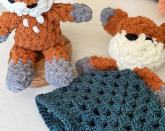 Mini Crochet Animal Lovey & Plush — Handmade Stuffed Animal Security Blanket or Plushie - Fox
