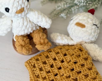 Mini Crochet Animal Lovey & Plush — Handmade Stuffed Animal Security Blanket or Plushie - Chicken