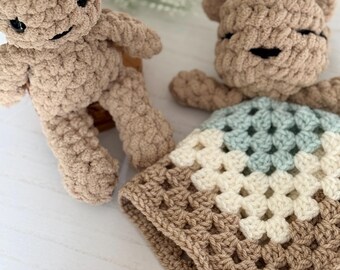 Mini Crochet Animal Lovey & Plush — Handmade Stuffed Animal Security Blanket or Plushie - Bear