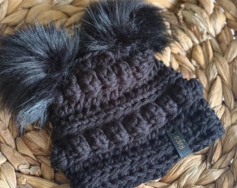 Black Beanie | Infant sizes | Double Pompom