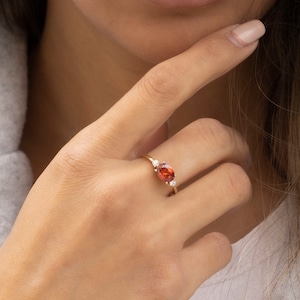 14K Solid Gold Natural Garnet Engagement Ring, Real Gold Gemstone Ring, Oval Multi Stone Ring, Dainty Gold Ring, January Birthstone Ring
