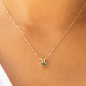 14Kt Solid Gold Necklace With Emerald, Dainty Gemstone Pendant Necklace, 14K Real Gold Box Chain, Round May Birthstone Pendant For Her