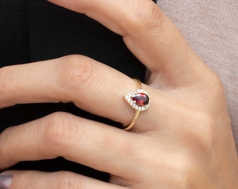 14K Gold Natural Garnet Engagement Ring, Teardrop Shaped Gemstone Ring, Real Solid Gold Dainty Halo Ring, January Birthstone Ring