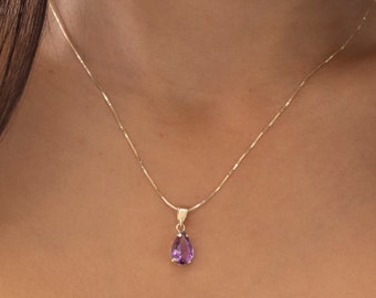 14Kt Solid Gold Amethyst Teardrop Necklace, Natural Amethyst Pear Pendant, Gemstone Pendant Necklace For Women, February Birthstone Necklace