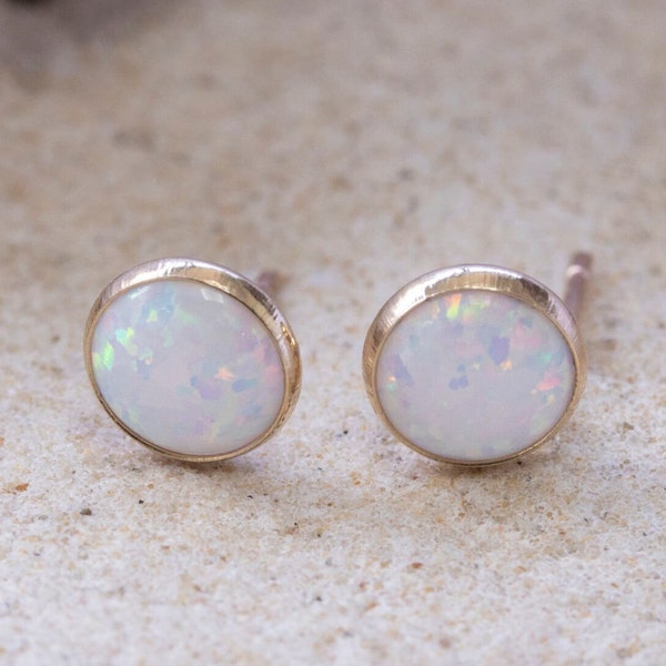 White Opal Earrings, 14K Gold Studs, Solid Gold Earrings, Small Gemstone Earrings, Dainty Earrings For Women, Round Studs, Tiny Studs, Post