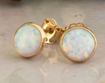 14K Opal Stud Earrings, 14k Gold Earrings, White Opal Earrings, Opal Earrings, Gold Studs, Gift for her, October Birthstone, Opal Jewelry