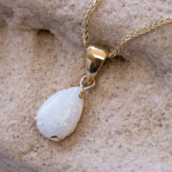 14K Gold Tear Drop White Opal Pendant, 14K Yellow Gold Opal Pendant Necklace, 7X10 Mm White Gemstone, Dainty Necklace, October Birthstone