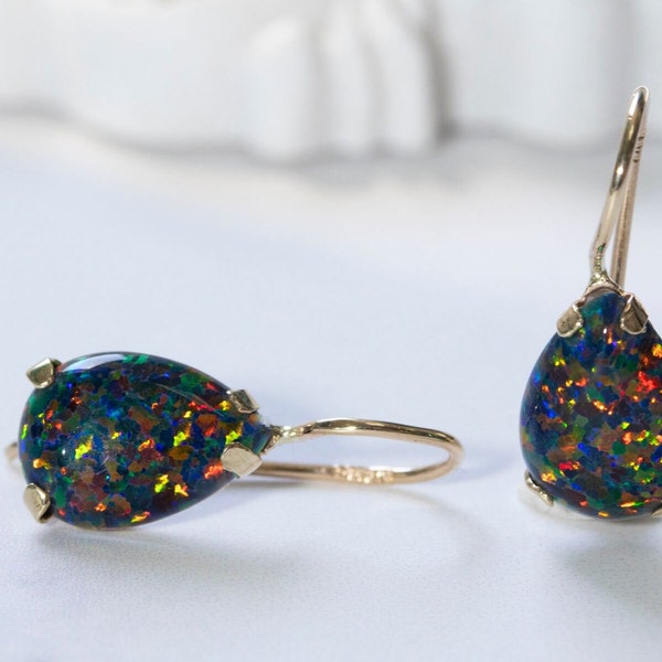 Black Opal Gold Earrings, Teardrop Gold Earrings, 14k Solid Gold Earrings, Gemstone Earrings, Birthstones Earrings, Real Gold Jewelry Unique